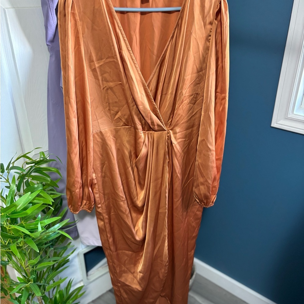 XL Copper Evening Silky Formal Dress with Side Slit